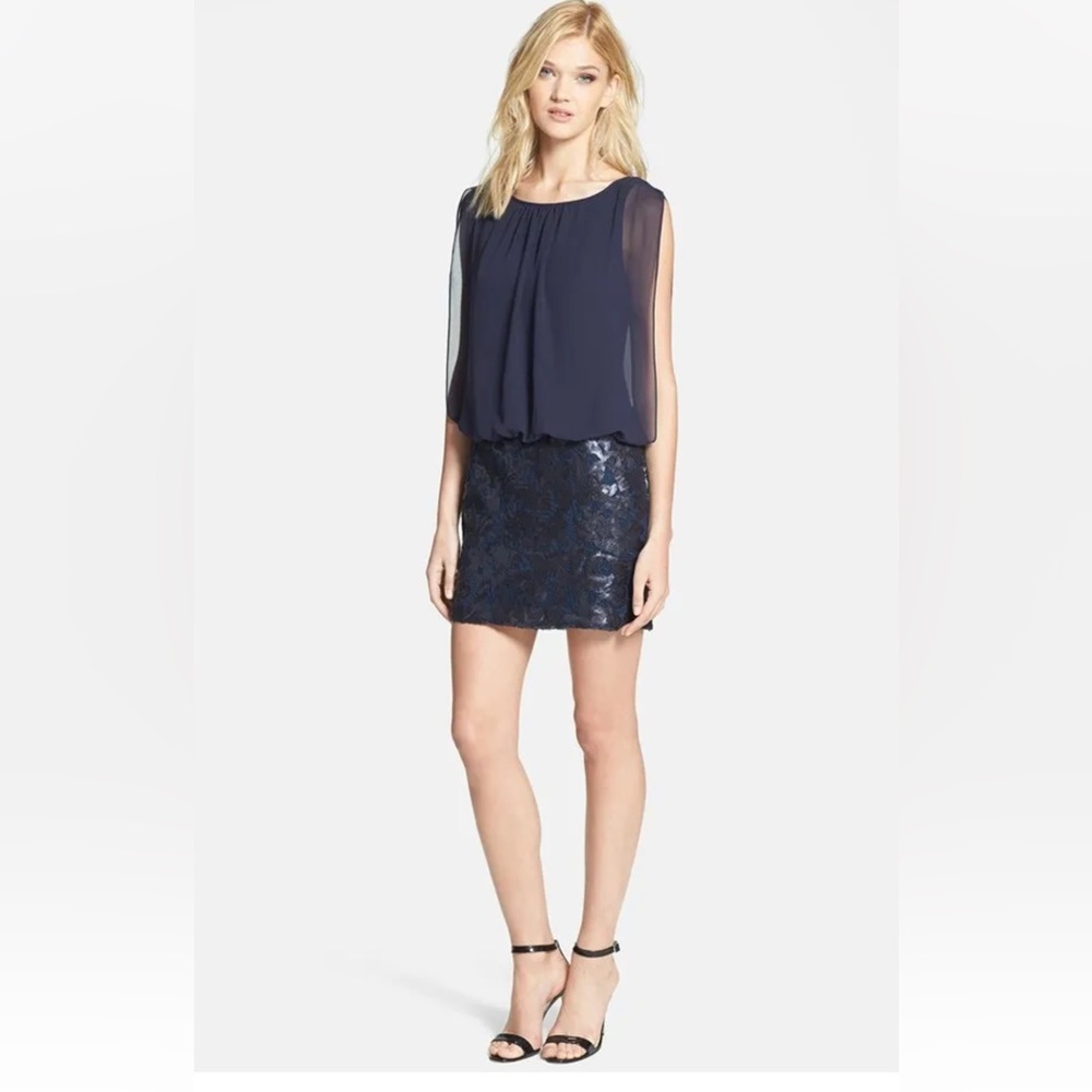 Aidan Mattox Blouson Sequined Skirt Dress in Twilight Blue SIZE 0